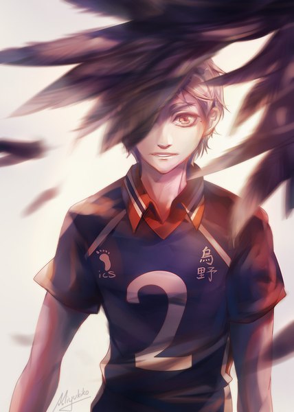 Anime picture 650x912 with haikyuu!! production i.g sugawara koushi miyukiko single tall image looking at viewer short hair brown eyes signed silver hair upper body parted lips eyebrows boy uniform feather (feathers) gym uniform