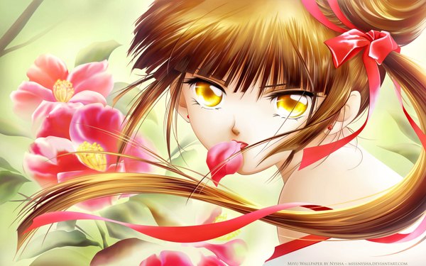 Anime picture 1920x1200 with vampire princess miyu miyu (vampire princess miyu) missnysha single long hair highres brown hair wide image bare shoulders yellow eyes wallpaper lipstick portrait girl flower (flowers) ribbon (ribbons) hair ribbon earrings petals