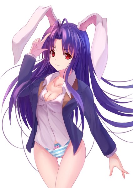 Anime picture 1600x2262 with touhou reisen udongein inaba youxuemingdie single long hair tall image breasts light erotic simple background red eyes white background animal ears cleavage purple hair bunny ears girl underwear panties shirt striped panties