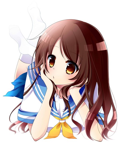 Anime picture 1000x1200 with original yuika (yurika712) single long hair tall image looking at viewer blush simple background brown hair white background yellow eyes lying girl socks serafuku white socks