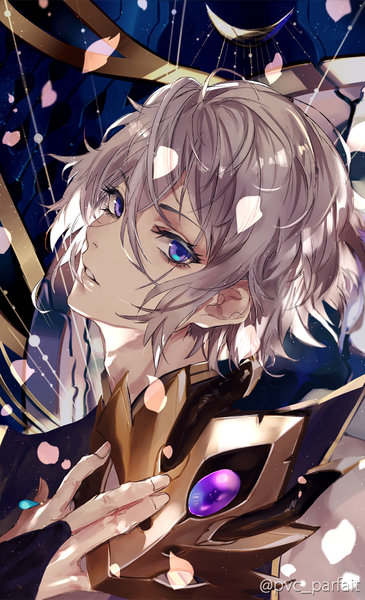 Anime picture 730x1200 with fate (series) fate/grand order prince of lan ling (fate) pvc parfait single tall image looking at viewer fringe short hair hair between eyes purple eyes silver hair upper body parted lips boy petals mask