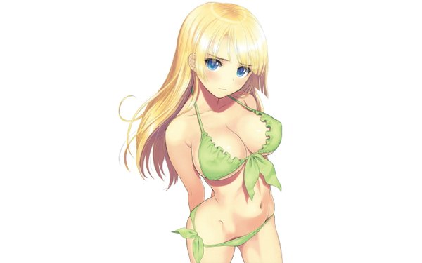 Anime picture 2560x1600 with tony taka single long hair highres breasts blue eyes light erotic blonde hair simple background wide image white background bare shoulders cleavage girl navel swimsuit bikini