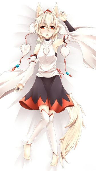 Anime picture 900x1600 with touhou inubashiri momiji inyuppo (artist) single tall image looking at viewer blush highres short hair red eyes bare shoulders animal ears silver hair tail long sleeves animal tail wolf ears wolf tail girl skirt