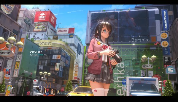 Anime picture 2300x1315 with original mcdonald's bershka ibara dance single long hair blush fringe highres black hair smile wide image standing holding payot looking away outdoors braid (braids) aqua eyes light smile