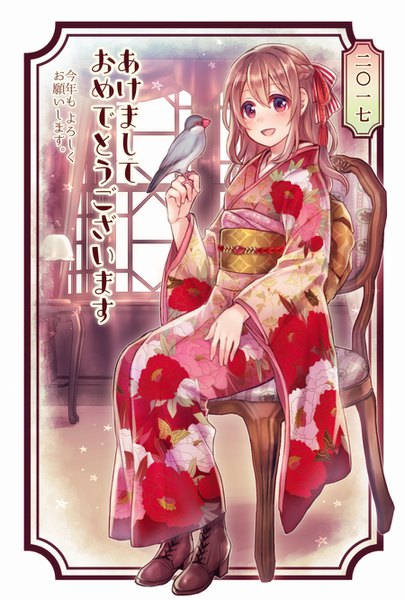 Anime picture 900x1332 with original neme single long hair tall image red eyes brown hair sitting full body traditional clothes japanese clothes floral print half updo new year happy new year bird on hand 2017 akeome girl animal