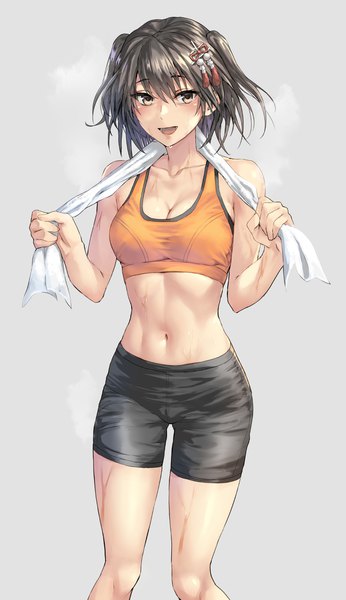 Anime picture 1046x1815 with kantai collection sendai light cruiser kokuzou single tall image looking at viewer blush fringe short hair breasts open mouth light erotic simple background smile brown hair standing brown eyes :d grey background bare belly