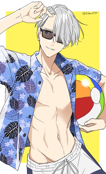 Anime picture 735x1200 with yuri!!! on ice mappa viktor nikiforov natsuko (bluecandy) single tall image fringe short hair blue eyes simple background smile looking away silver hair arm up hair over one eye open shirt groin yellow background boy shirt