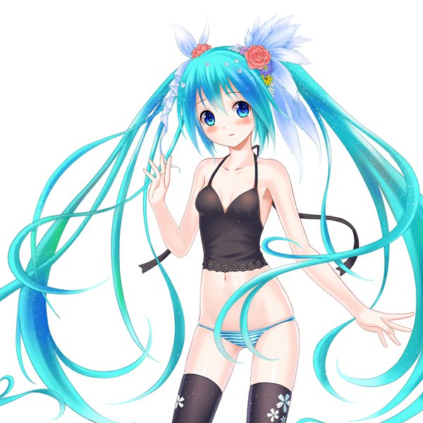 Anime picture 1000x1000 with vocaloid hatsune miku setona (daice) blush blue eyes light erotic simple background smile white background twintails very long hair hair flower aqua hair underwear only girl thighhighs navel hair ornament underwear panties