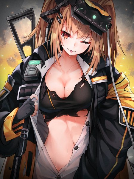 Anime picture 1125x1500 with girls frontline ump9 (girls frontline) po-palm single long hair tall image looking at viewer blush fringe breasts light erotic brown hair large breasts standing brown eyes payot cleavage upper body head tilt one eye closed
