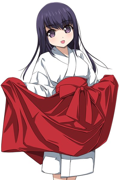 Anime picture 800x1200 with original matsunaga kouyou single long hair tall image black hair simple background white background purple eyes traditional clothes japanese clothes miko girl