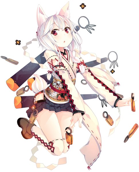 Anime picture 1455x1800 with benio (dontsugel) single long hair tall image looking at viewer blush fringe short hair open mouth hair between eyes red eyes animal ears white hair tail braid (braids) fingernails twin braids albino girl thighhighs