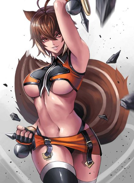 Anime picture 627x855 with blazblue makoto nanaya dantewontdie tall image short hair breasts light erotic brown hair large breasts holding brown eyes animal ears ahoge tail animal tail arm up underboob dual wielding squirrel tail squirrel ears