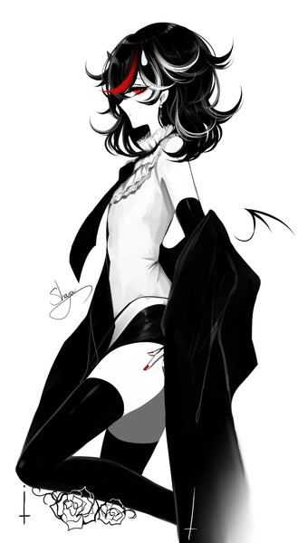 Anime-Bild 2000x3650 mit touhou kijin seija sheya single tall image looking at viewer highres black hair simple background red eyes white background signed nail polish profile multicolored hair horn (horns) alternate costume streaked hair monochrome red nail polish