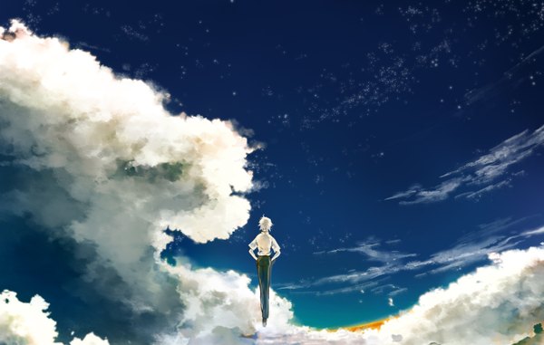 Anime picture 1350x858 with neon genesis evangelion rebuild of evangelion evangelion: 2.0 you can (not) advance evangelion: 3.0 you can (not) redo gainax nagisa kaworu nosaki tsubasa single short hair looking away sky cloud (clouds) white hair from behind hands in pockets weightlessness boy shirt star (stars) pants