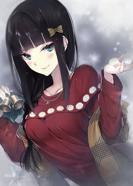 Anime picture 2588x3606 with love live! sunshine!! sunrise (studio) love live! kurosawa dia hario 4 single long hair tall image looking at viewer blush fringe highres breasts black hair smile holding upper body blunt bangs long sleeves arm up