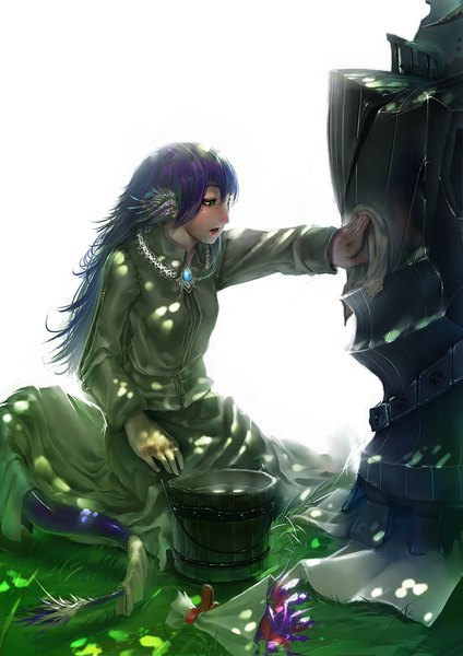 Anime picture 818x1158 with original karasu-san (syh3iua83) single long hair tall image open mouth white background sitting green eyes purple hair tail animal tail profile girl flower (flowers) plant (plants) grass bouquet brooch bucket