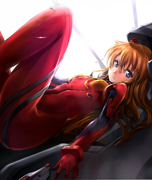 Anime picture 800x950 with neon genesis evangelion gainax soryu asuka langley oota takeshi single long hair tall image looking at viewer fringe breasts blue eyes twintails bent knee (knees) lying parted lips lips orange hair light leg lift (legs lift) girl