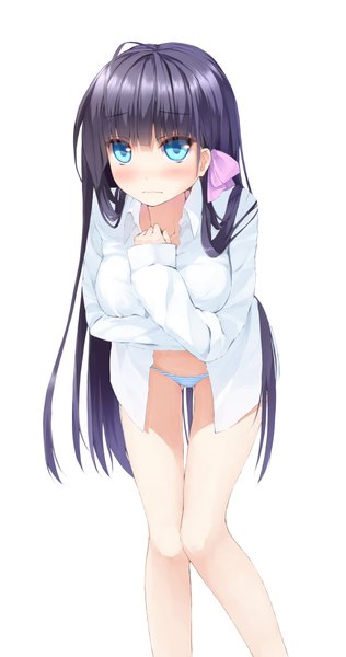 Anime picture 2107x4000 with original uttt single long hair tall image blush highres blue eyes light erotic black hair simple background white background girl underwear panties bow hair bow
