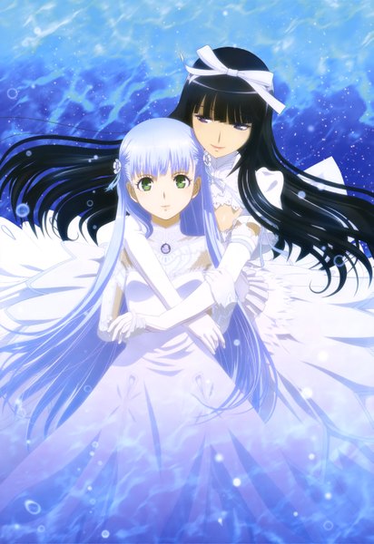 Anime picture 4089x5950 with aoki hagane no arpeggio nyantype iona yamato (aoki hagane no arpeggio) long hair tall image looking at viewer highres blue eyes black hair purple eyes multiple girls blue hair absurdres official art girl dress gloves bow 2 girls