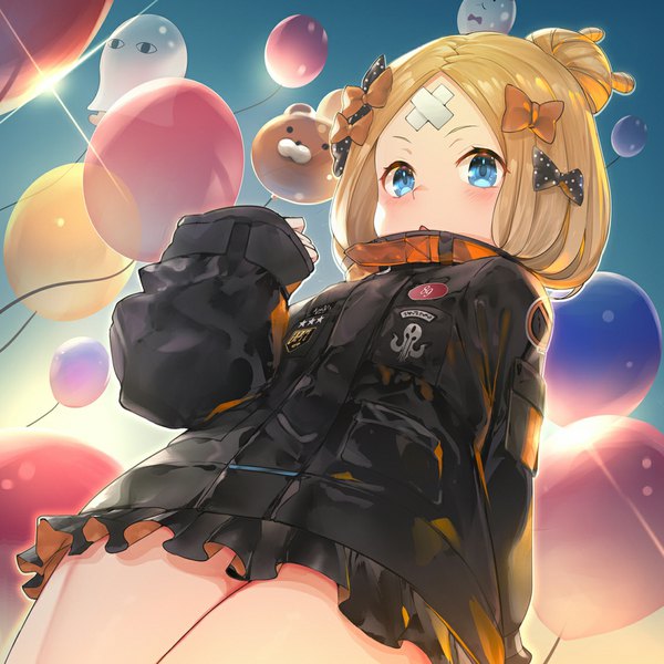 Anime picture 1125x1125 with fate (series) fate/grand order abigail williams (fate) medjed teddy (khanshin) single long hair looking at viewer blush fringe open mouth blue eyes blonde hair standing sky outdoors long sleeves from below hair bun (hair buns) dutch angle