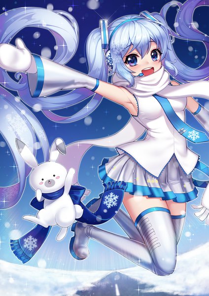 Anime picture 1000x1415 with vocaloid hatsune miku yuki miku rabbit yukine yuki miku (2011) ango single tall image looking at viewer fringe open mouth blue eyes hair between eyes twintails blue hair very long hair :d pleated skirt sparkle armpit (armpits)