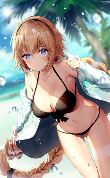 Anime picture 800x1292 with fate (series) fate/grand order jeanne d'arc (fate) (all) jeanne d'arc (swimsuit archer) necomi (gussan) single tall image looking at viewer blush fringe breasts blue eyes light erotic smile hair between eyes large breasts standing holding signed payot