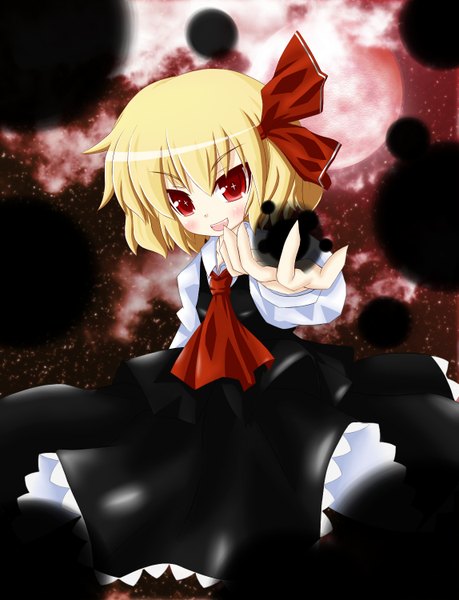 Anime picture 1147x1500 with touhou rumia cocozasa (artist) tall image blush short hair open mouth blonde hair red eyes teeth fang (fangs) red moon girl dress ascot