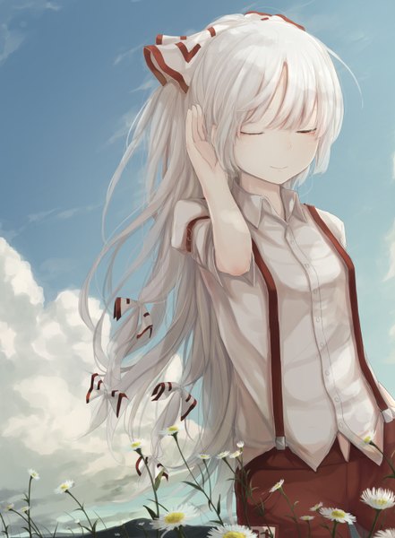 Anime picture 1110x1510 with touhou fujiwara no mokou yushika single long hair tall image fringe sky silver hair cloud (clouds) eyes closed light smile girl hair ornament flower (flowers) bow hair bow shirt pants buttons