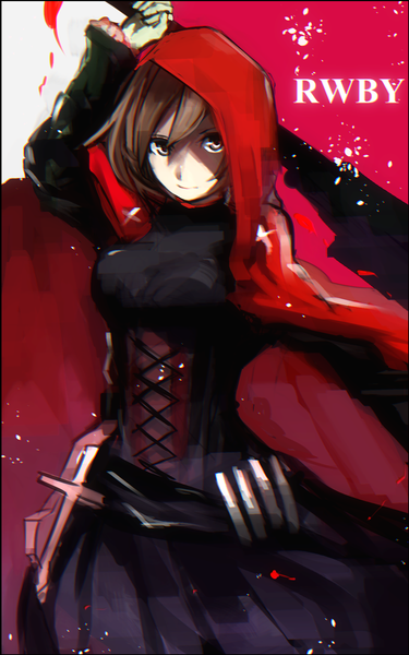 Anime picture 1050x1680 with rwby rooster teeth ruby rose tarbo (exxxpiation) single tall image fringe short hair simple background hair between eyes brown hair standing holding long sleeves arm up light smile black eyes wide sleeves copyright name girl
