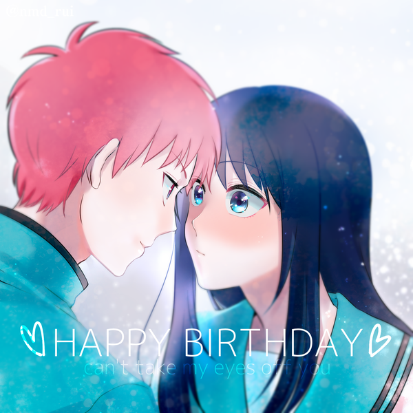 Anime picture 1920x1920 with saiki kusuo no psi nan saiki kusuo teruhashi kokomi namida (pixiv id24647452) long hair blush fringe highres short hair blue eyes simple background white background blue hair looking away pink hair upper body profile pink eyes light smile couple