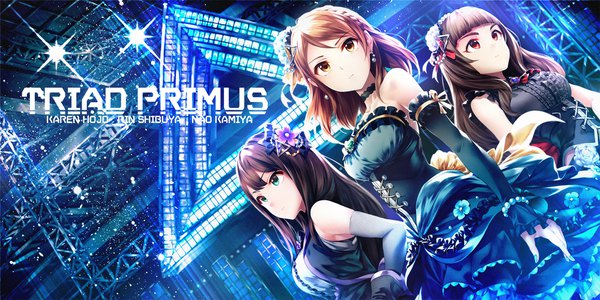 Anime picture 2000x1000 with idolmaster idolmaster cinderella girls idolmaster cinderella girls starlight stage shibuya rin houjou karen kamiya nao motoki (hisano motoki) long hair highres short hair black hair red eyes brown hair wide image bare shoulders multiple girls brown eyes green eyes nail polish hair flower