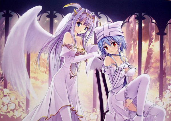 Anime picture 1732x1224 with original sayori long hair highres short hair blue eyes multiple girls brown eyes purple hair angel wings girl thighhighs dress gloves 2 girls white thighhighs wings elbow gloves white dress cap