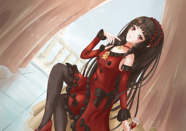 Anime picture 1754x1240 with mahouka koukou no rettousei kuroba ayako user krxw3524 single long hair looking at viewer blush fringe highres black hair red eyes sitting holding payot sky bent knee (knees) indoors blunt bangs parted lips frilled dress