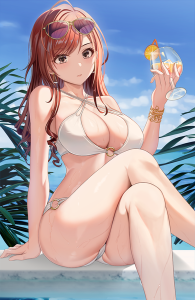 Anime picture 1000x1540 with idolmaster idolmaster shiny colors arisugawa natsuha asato mai single long hair tall image looking at viewer blush fringe breasts light erotic smile brown hair large breasts sitting sky cleavage cloud (clouds) ahoge