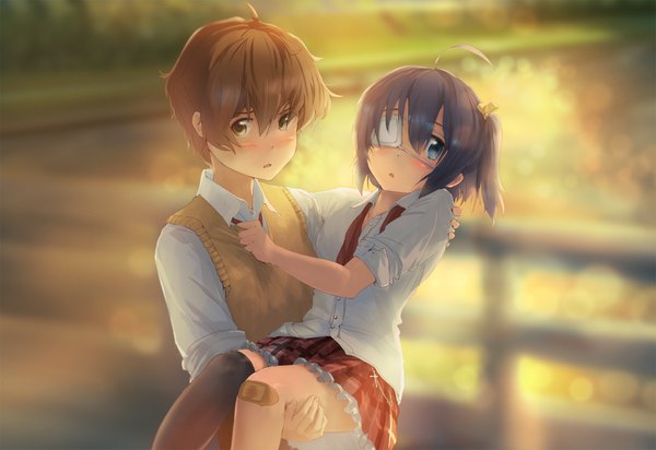 Anime picture 2000x1375 with chuunibyou demo koi ga shitai! kyoto animation takanashi rikka togashi yuuta you shimizu blush highres short hair blue eyes black hair brown hair yellow eyes couple one side up girl thighhighs boy skirt uniform black thighhighs