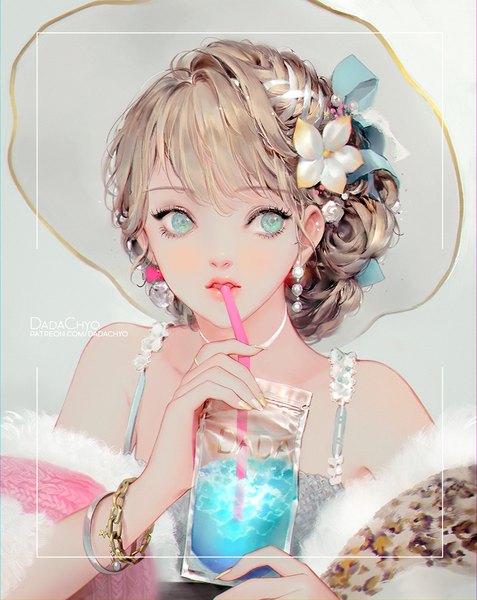 Anime picture 900x1131 with original dadachyo single tall image blush fringe simple background brown hair bare shoulders holding signed looking away upper body nail polish parted lips hair flower aqua eyes fingernails lips off shoulder