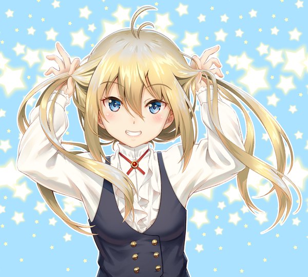 Anime picture 2222x1997 with original pinakes single long hair looking at viewer blush fringe highres blue eyes blonde hair smile hair between eyes upper body ahoge grin holding hair twintails day girl star (symbol) vest