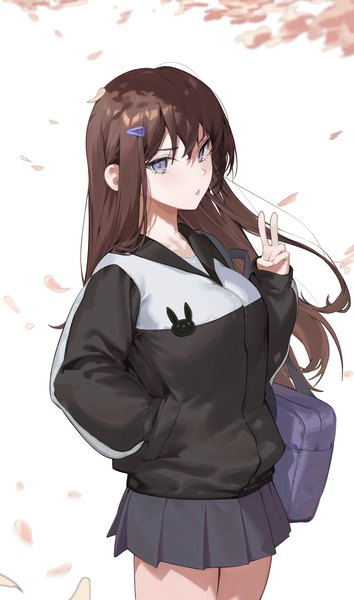 Anime picture 2072x3508 with original star741 single long hair tall image looking at viewer fringe highres blue eyes simple background hair between eyes brown hair standing white background long sleeves parted lips pleated skirt sleeves past wrists victory hand in pocket