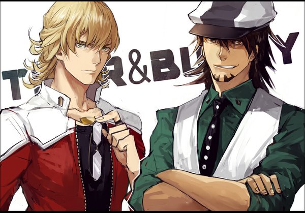 Anime picture 1000x699 with tiger & bunny sunrise (studio) kaburagi t. kotetsu barnaby brooks jr. tekla looking at viewer short hair simple background blonde hair smile brown hair white background holding yellow eyes inscription multiple boys crossed arms boy glasses necktie