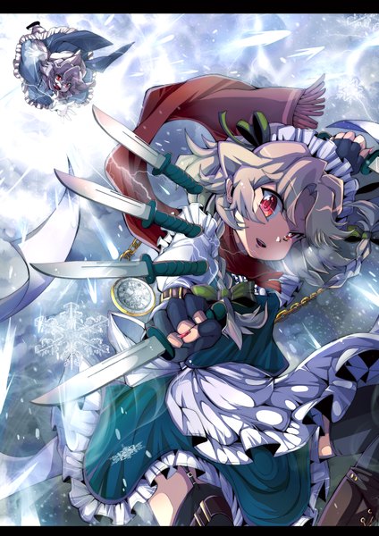 Anime picture 2480x3507 with touhou izayoi sakuya saigyouji yuyuko tall image fringe highres short hair open mouth red eyes multiple girls holding braid (braids) twin braids snowing letterboxed winter snow flying crazy girl