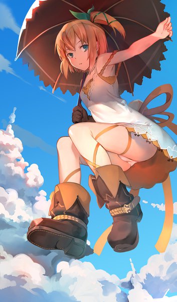 Anime picture 883x1500 with tales of (series) tales of zestiria edna (tales) kamisakai single tall image looking at viewer blush fringe short hair light erotic brown hair bare shoulders holding payot sky cloud (clouds) full body bent knee (knees) outdoors