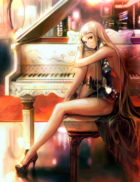 Anime picture 1000x1298 with original shon single long hair tall image looking at viewer blonde hair sitting bare shoulders brown eyes high heels cityscape platform heels girl weapon earrings shoes bracelet window gun