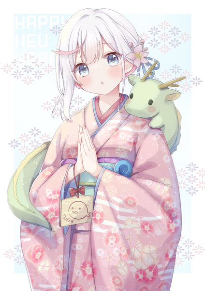 Anime picture 1061x1500 with original emilion single tall image looking at viewer blush short hair blue eyes silver hair traditional clothes head tilt japanese clothes :o new year fantasy hands clasped cute happy new year praying 2024