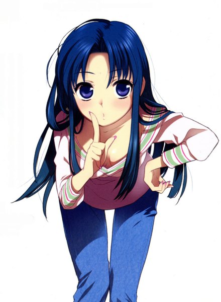 Anime picture 1100x1500 with toradora j.c. staff kawashima ami tagme (artist) single long hair tall image looking at viewer blush fringe breasts blue eyes simple background standing white background blue hair nail polish fingernails leaning alternate costume