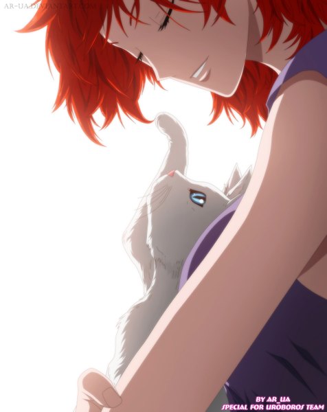 Anime picture 1024x1289 with the breaker jin-ie kwon ar-ua single tall image short hair blue eyes smile white background eyes closed profile orange hair coloring girl animal cat