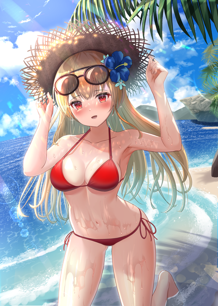 Anime picture 1786x2505 with original wander00317 (akihirotanisi) single long hair tall image looking at viewer blush fringe highres open mouth light erotic blonde hair smile red eyes sky cloud (clouds) outdoors :d barefoot hair flower