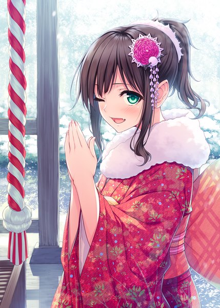 Anime picture 1296x1813 with idolmaster idolmaster cinderella girls maekawa miku hasumi (hasubatake39) single long hair tall image looking at viewer blush open mouth black hair green eyes payot ponytail traditional clothes japanese clothes one eye closed fang (fangs) winter ;d