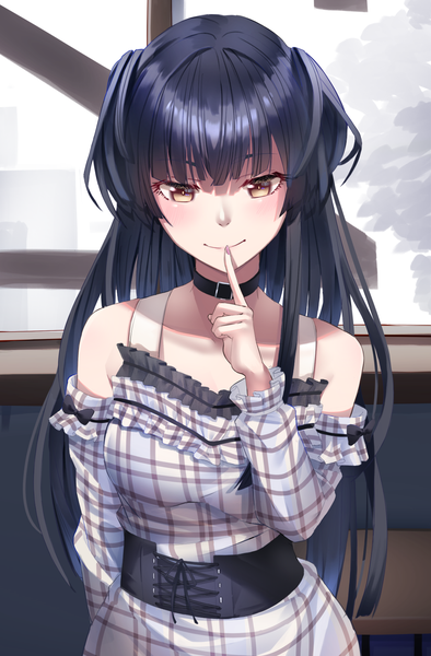 Anime picture 1000x1524 with idolmaster idolmaster shiny colors mayuzumi fuyuko doitsuudon single long hair tall image looking at viewer blush fringe black hair standing bare shoulders yellow eyes indoors blunt bangs long sleeves two side up finger to mouth plaid