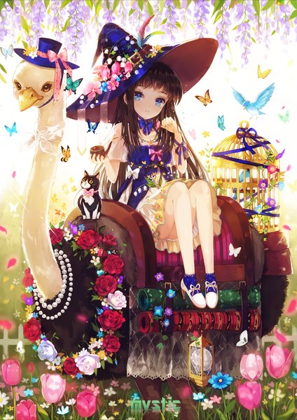 Anime-Bild 1200x1698 mit original dangmill single long hair tall image looking at viewer fringe blue eyes black hair sitting full body girl dress flower (flowers) hat animal bird (birds) rose (roses) insect butterfly