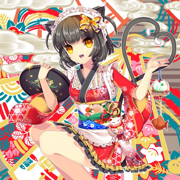 Anime picture 2000x2000 with original agrt single looking at viewer highres short hair open mouth black hair animal ears yellow eyes tail traditional clothes japanese clothes animal tail cat ears cat girl cat tail wa maid girl bow